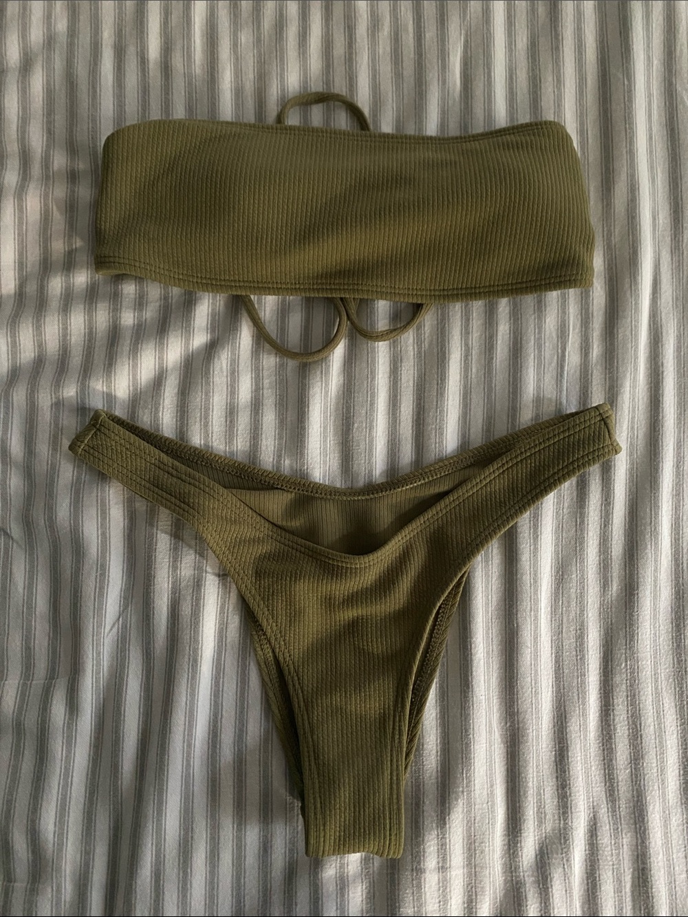 Ribbed Olive Green Bandeau Bikini Set